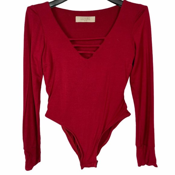 Lucy Love Tops - Lucy Love Womens Hurricane Bodysuit Sz S Sm Burgandy Maroon V Neck Long Sleeve